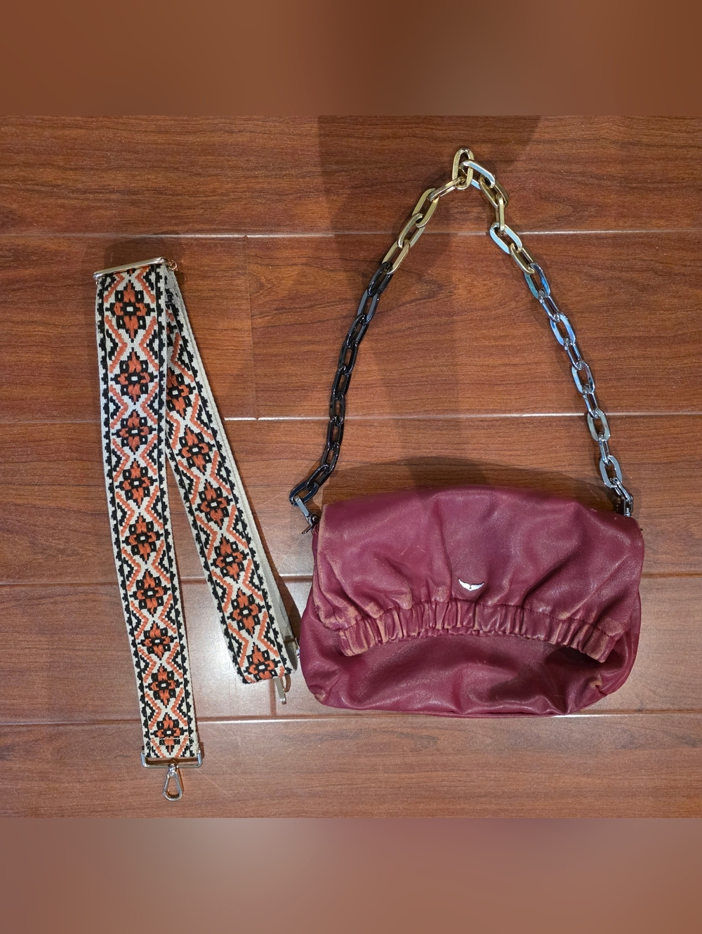 Zadig & Voltaire Leather Burgundy Shoulder Bag with Chain Strap